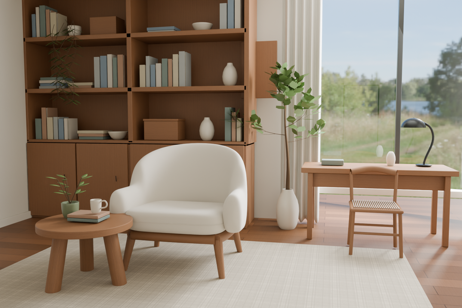Blender材質・照明試作の主画角。椅子、木の卓と棚、床、窓の昼光。品質レビュー中。